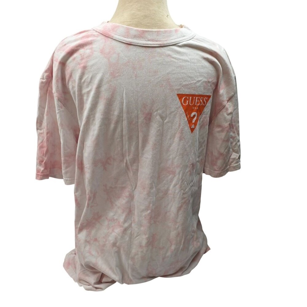 Guess Logo Tie-Dye T-Shirt Pink/White Oversized Cotton Top Men Size S